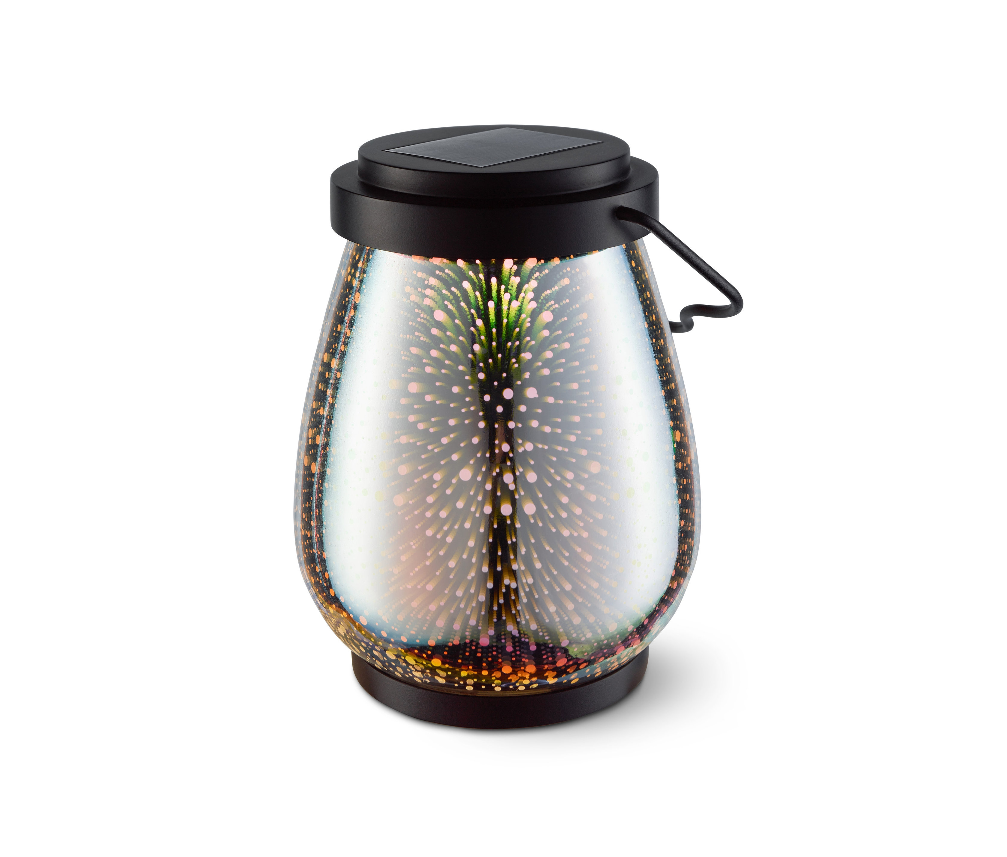 Lampa solarna z efektem gwiazd na białym tle.