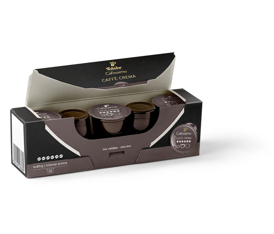 Otwarte opakowanie z dziesięcioma kapsułkami Caffè Crema Intense Aroma.