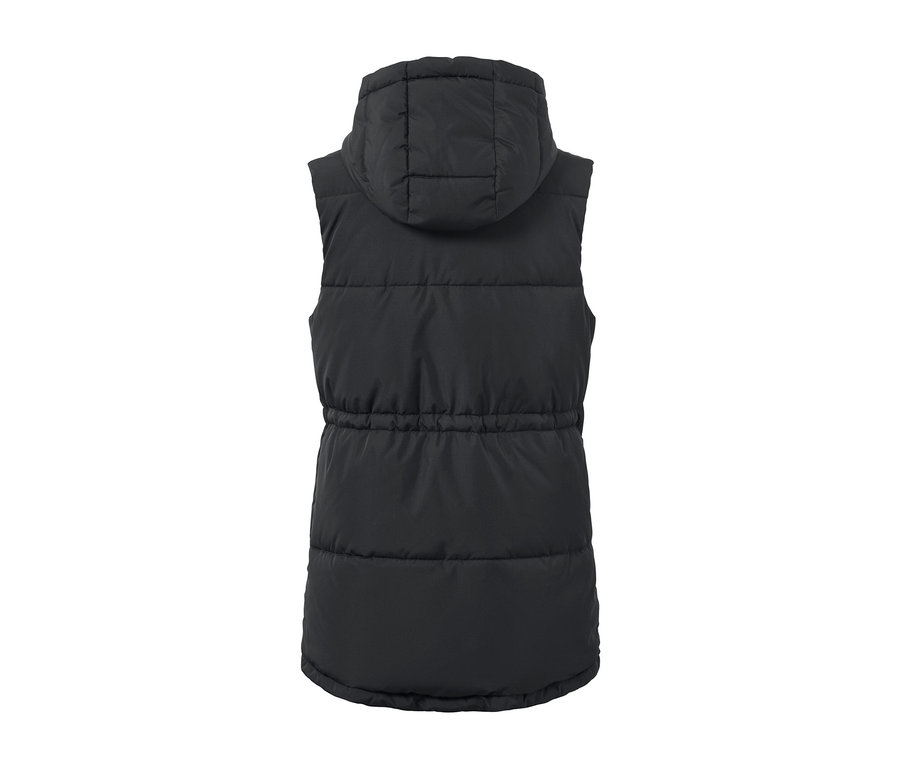 Czarna pikowana kamizelka z kapturem.