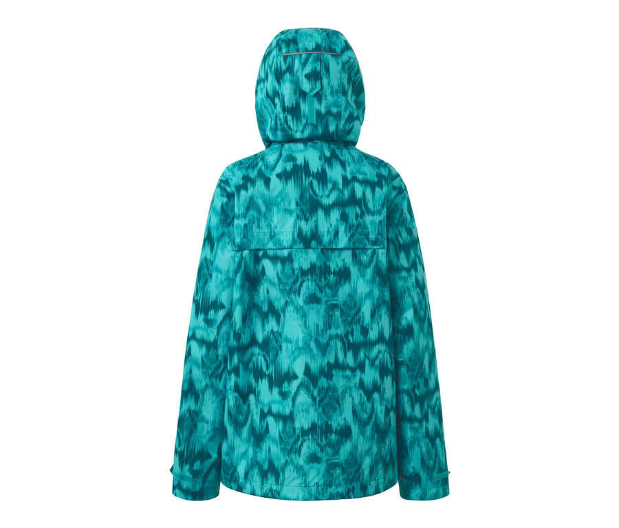 Widok z tyłu kurtki przeciwdeszczowej z nadrukiem.