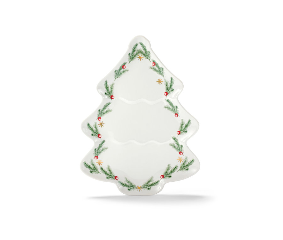 Talerz w kształcie choinki z dekoracjami.