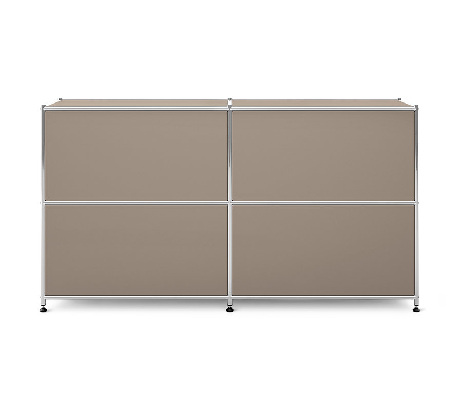 Szarobeżowa metalowa szafka typu sideboard »CN3« z czterema przestawnymi klapami.