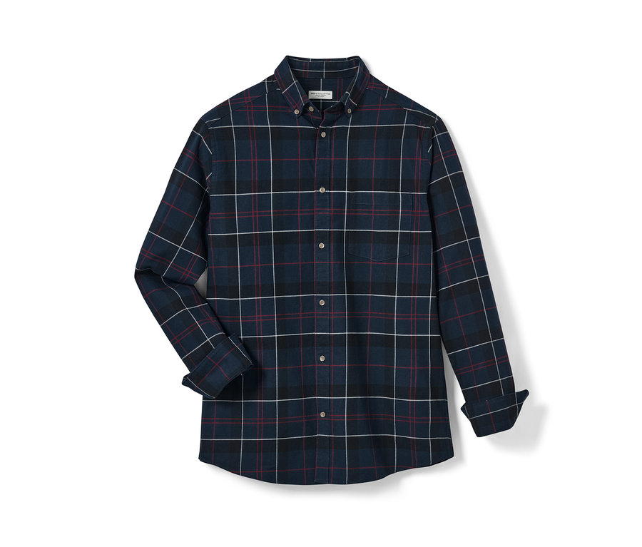 Granatowa koszula flanelowa w kratę z długim rękawem.