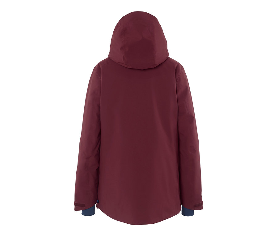 Widok z tyłu bordowej kurtki narciarskiej z krótkim zamkiem błyskawicznym.