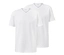 Dwa białe T-shirty z dekoltem w serek leżą jeden na drugim.