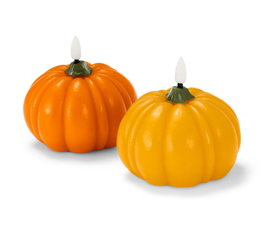Dwie świece LED z prawdziwego wosku w kształcie dyni.