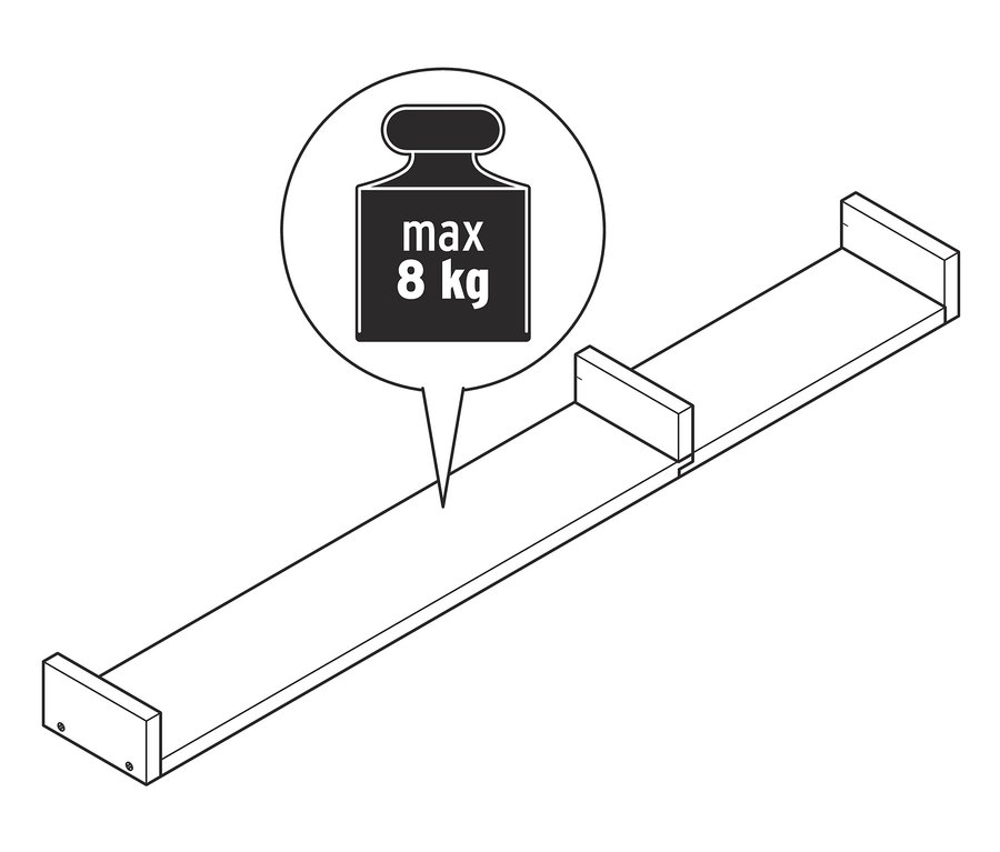 Ilustracja półki ściennej o długości około 120 cm z maksymalnym obciążeniem 8 kg.