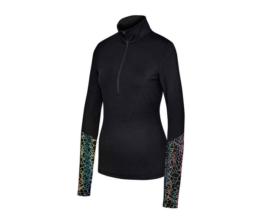 Czarna termoaktywna koszulka funkcyjna z długim rękawem i kolorowym geometrycznym wzorem na rękawach.