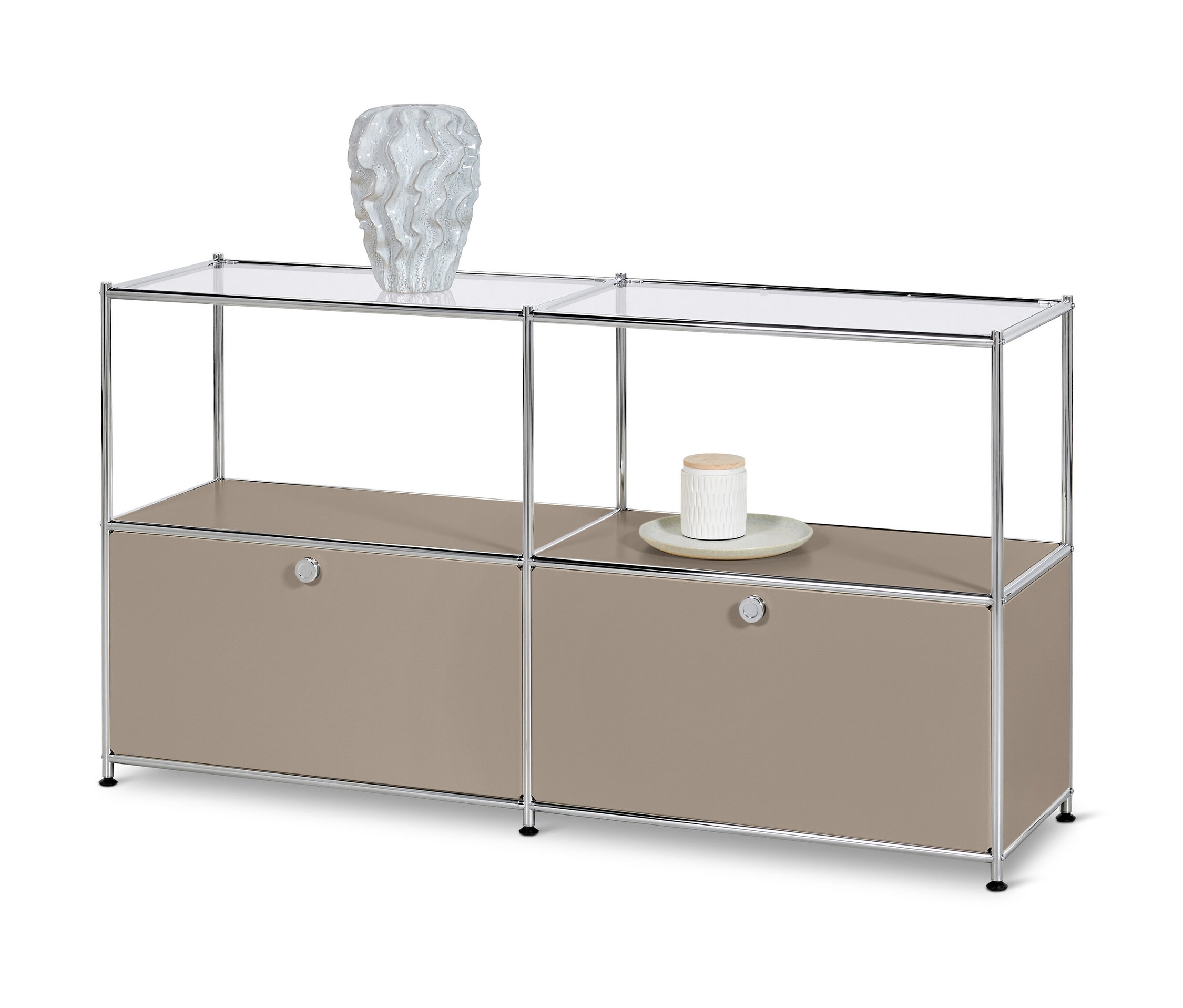 Tchibo - Metalowa szafka typu sideboard „Cn3” z 2 klapami i szklaną półką, szarobeżowa