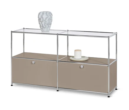 Szarobeżowa metalowa szafka typu sideboard „CN3” z 2 klapami i szklaną półką.