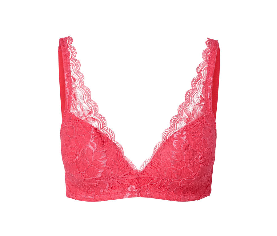 Koralowy biustonosz z miękkimi miseczkami.