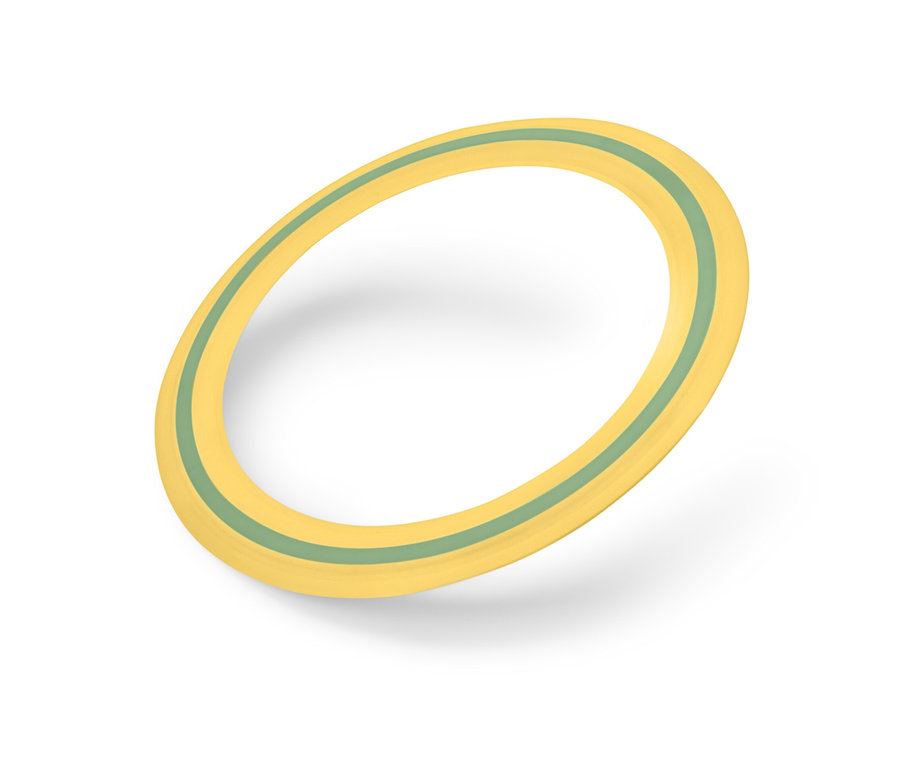 Żółty latający dysk z zielonym paskiem na białym tle.