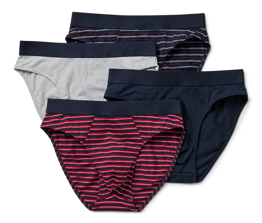 Cztery pary slipów w różnych kolorach i wzorach.