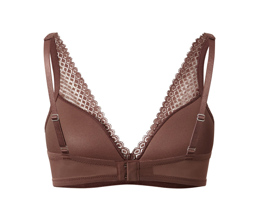 Kasztanowy biustonosz z miękkimi miseczkami z koronką zdobiącą dekolt, pokazany na białym tle.