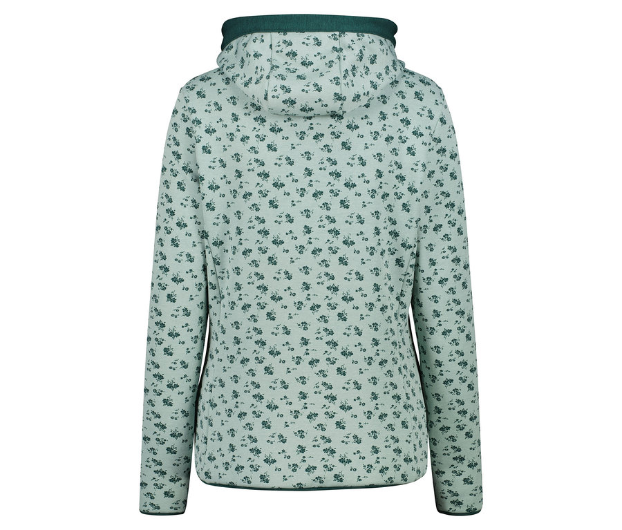 Widok z tyłu jasnozielonej bluzy z kapturem w ciemnozielony kwiatowy wzór.