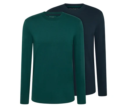Dwa longsleeve'y, jeden w kolorze zielonym, a drugi w kolorze granatowym.