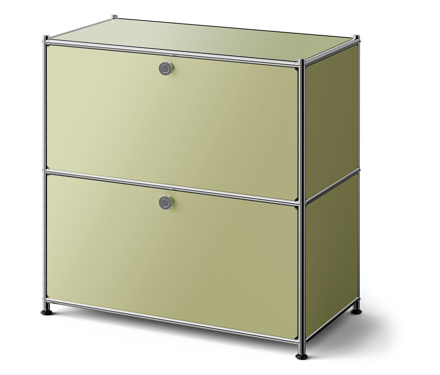 Zielona szafka z dwiema szufladami i srebrną ramą.