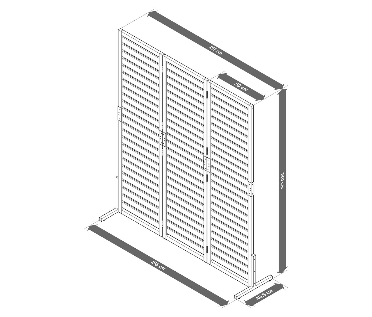 Ilustracja trzypanelowego parawanu z wymiarami, w tym 180 cm wysokości, 50 cm szerokości każdego panelu i 151 cm szerokości całkowitej.