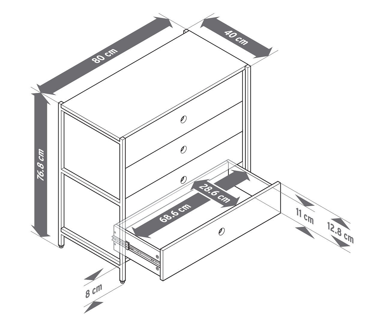 Szkic komody »KLAAR« z 4 szufladami z zaznaczonymi wymiarami.