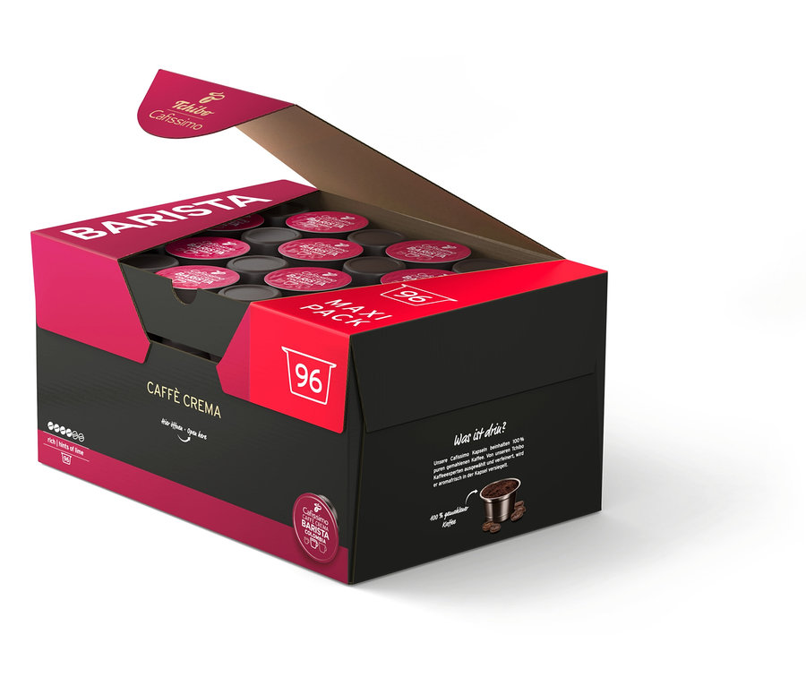 Otwarte opakowanie kapsułek Cafissimo BARISTA Caffè Crema, 96 sztuk.
