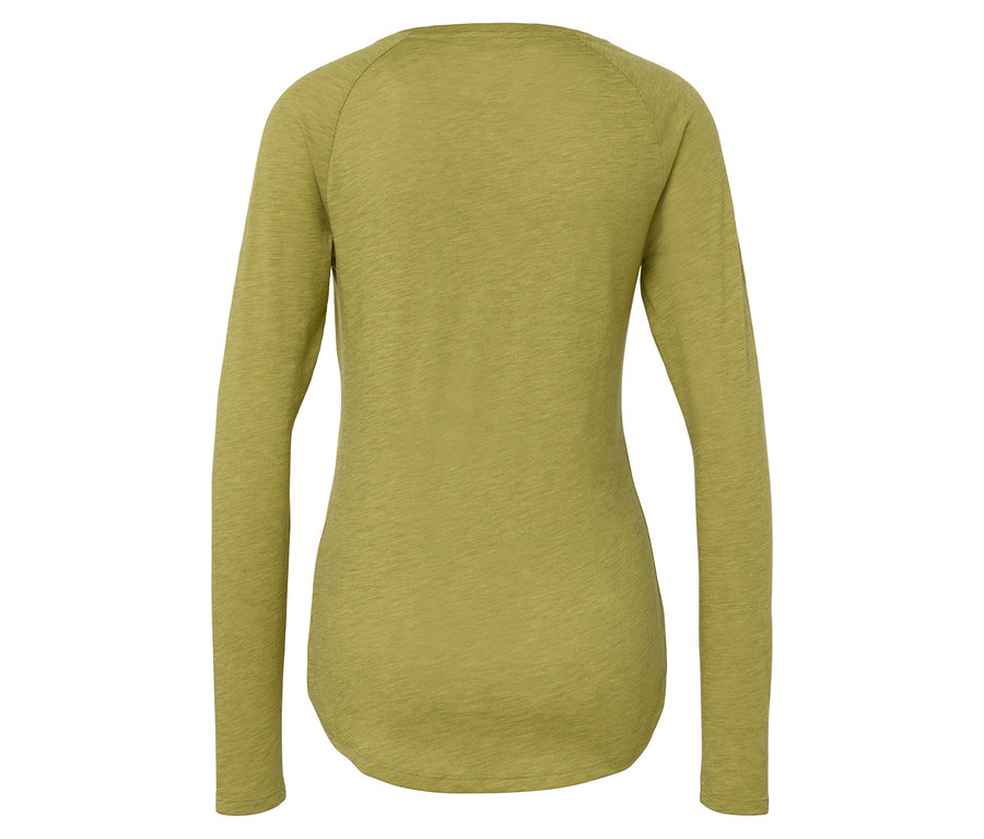 Widok z tyłu oliwkowozielonej koszulki z długim rękawem.