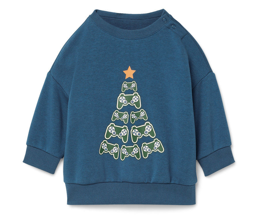 Niebieska bluza z choinką z kontrolerów do gier.