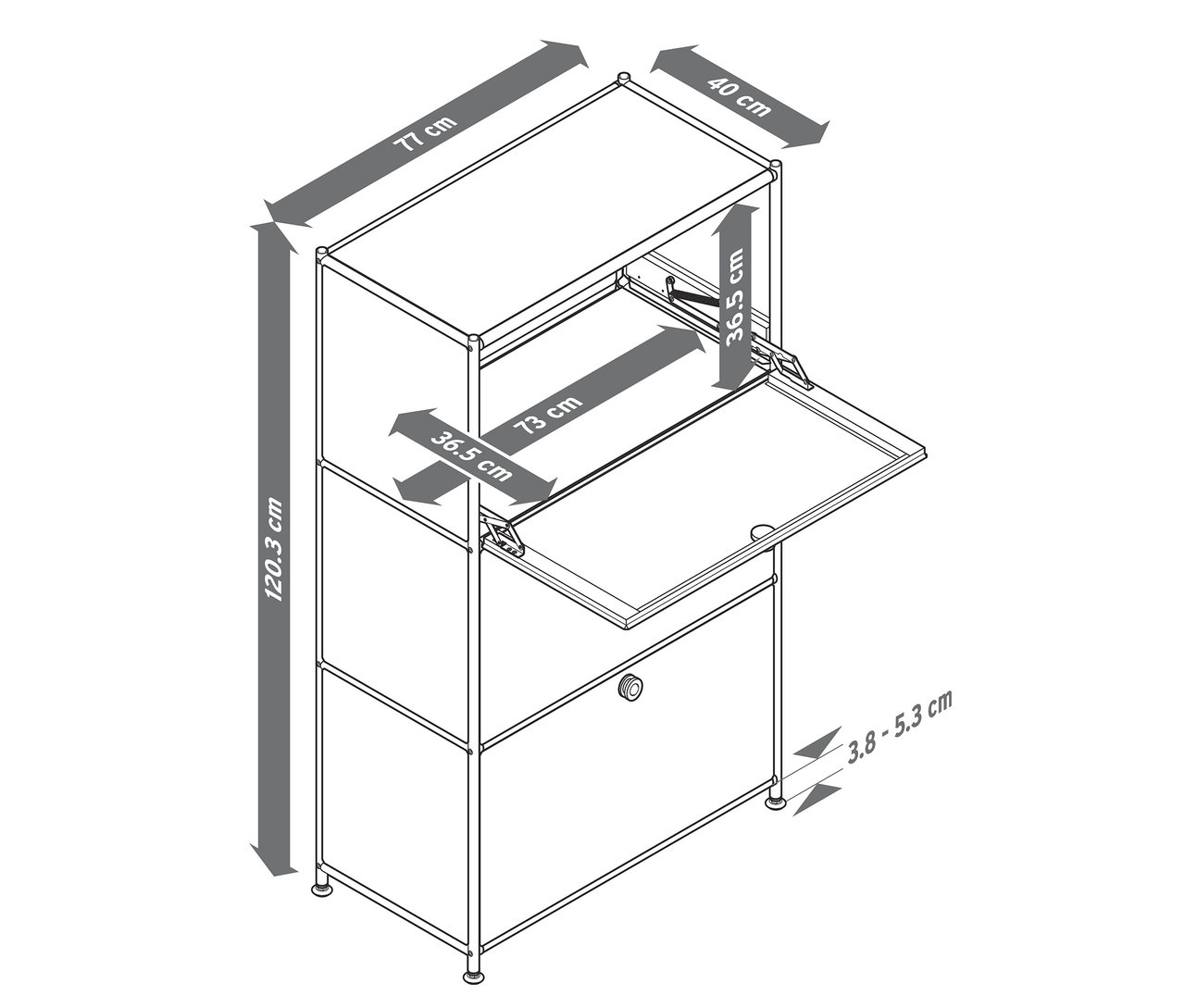 Czarno-biały rysunek szafki z wymiarami, z otwartą górną częścią i rozkładanym blatem.
