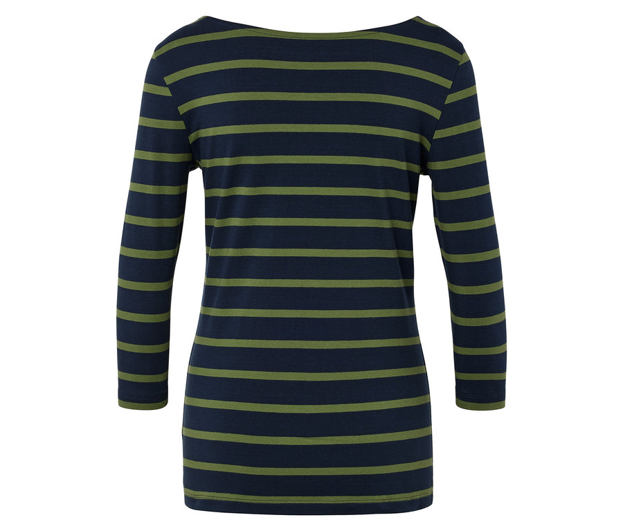 Pasiasta koszulka z długim rękawem w odcieniach niebieskiego i zieleni.