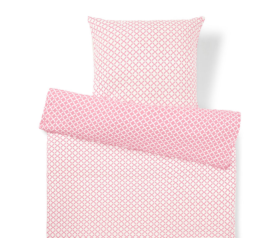 Komplet pościeli z geometrycznym wzorem w kolorze różowo-białym, składający się z poszewki na poduszkę, kołdry i wąskiej poduszki.