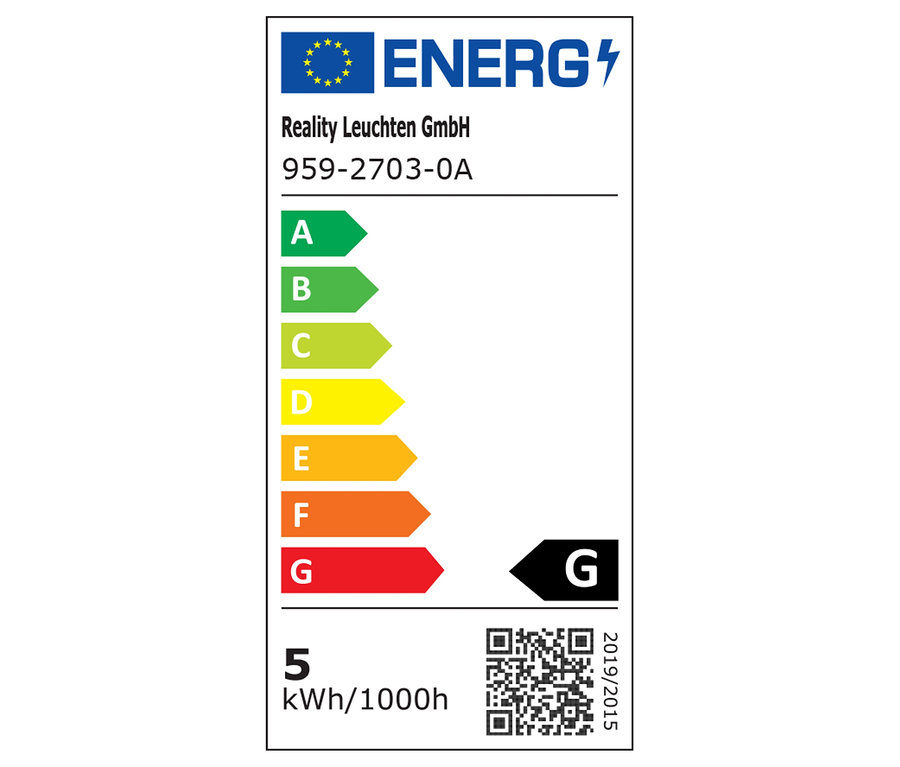 Etykieta energetyczna z klasami efektywności energetycznej od A do G, kodem QR i wartością zużycia.