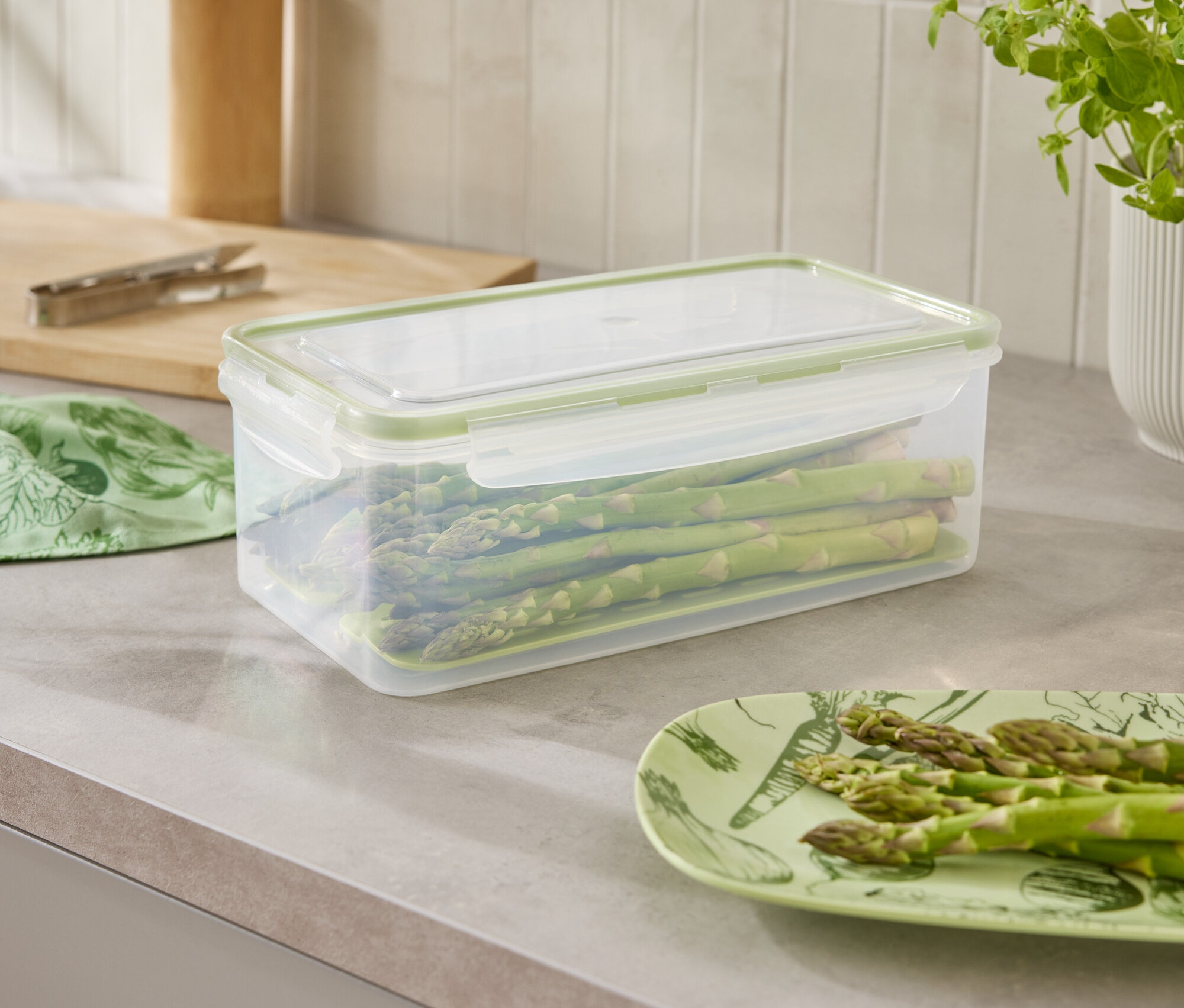 Na blacie kuchennym stoi pojemnik ze szparagami, talerz ze szparagami i roślina.