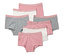 Siedem par majtek dziewczęcych w kolorze brudnego różu leży na białym tle.