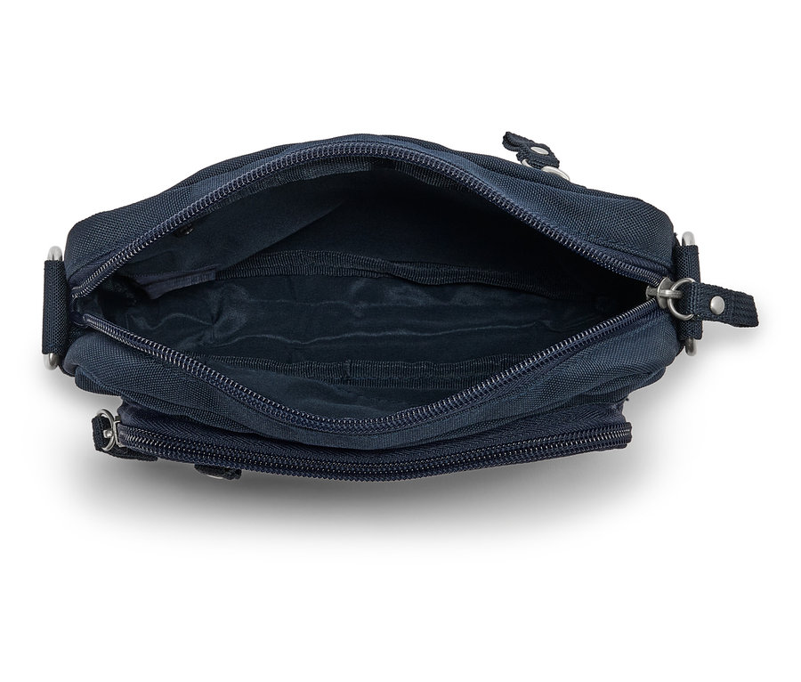 Widok z góry na otwartą, granatową torbę na ramię zapinaną na zamek.