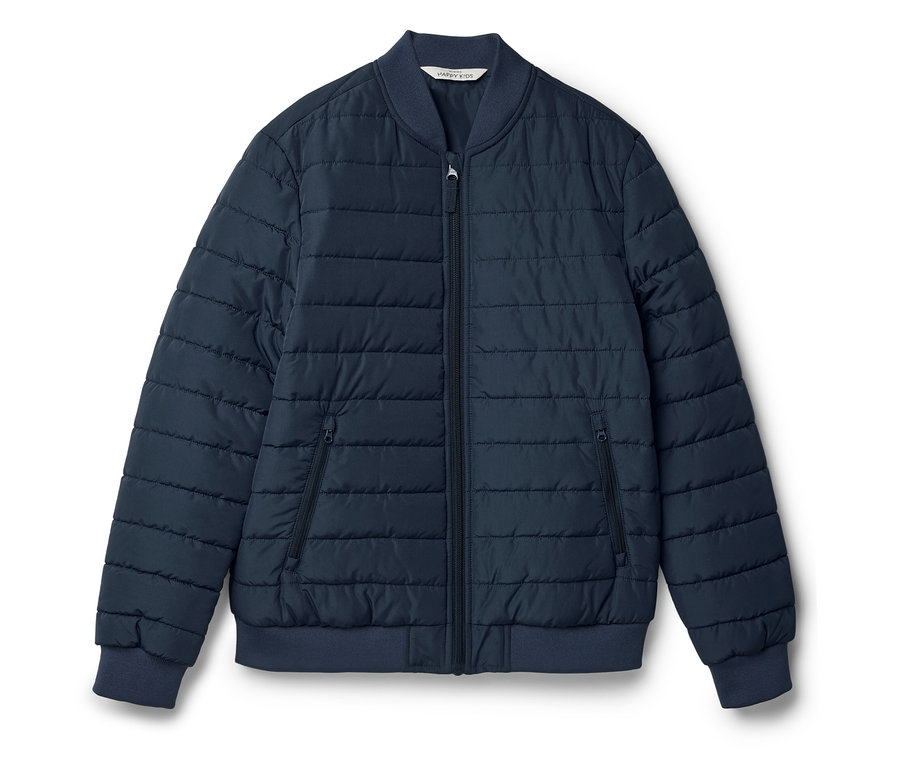 Granatowa kurtka puchowa zapinana na zamek z kieszeniami.