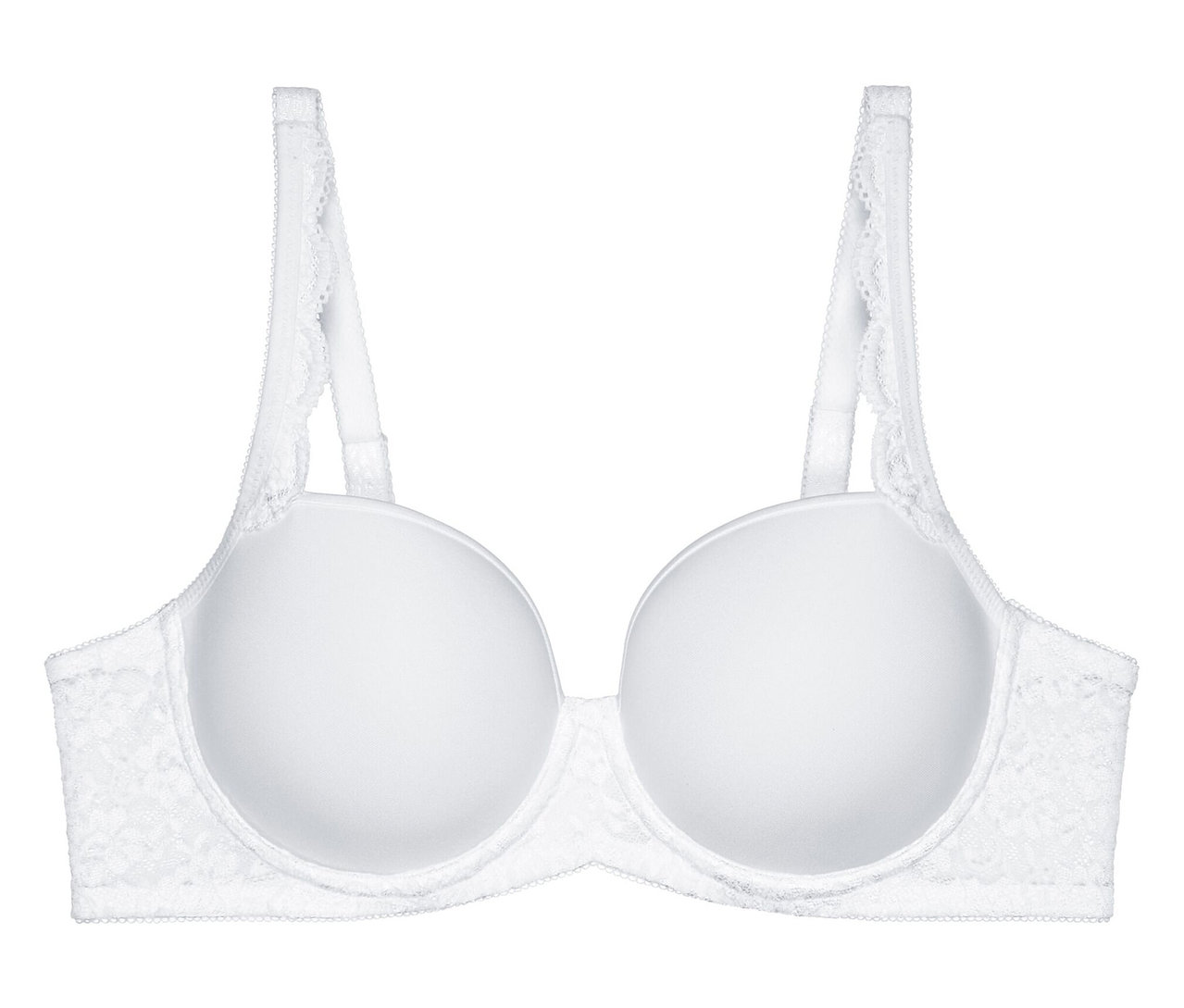 Biały biustonosz Triumph Amourette WP z gładkimi, usztywnianymi miseczkami i koronkowymi detalami po bokach i na ramiączkach.