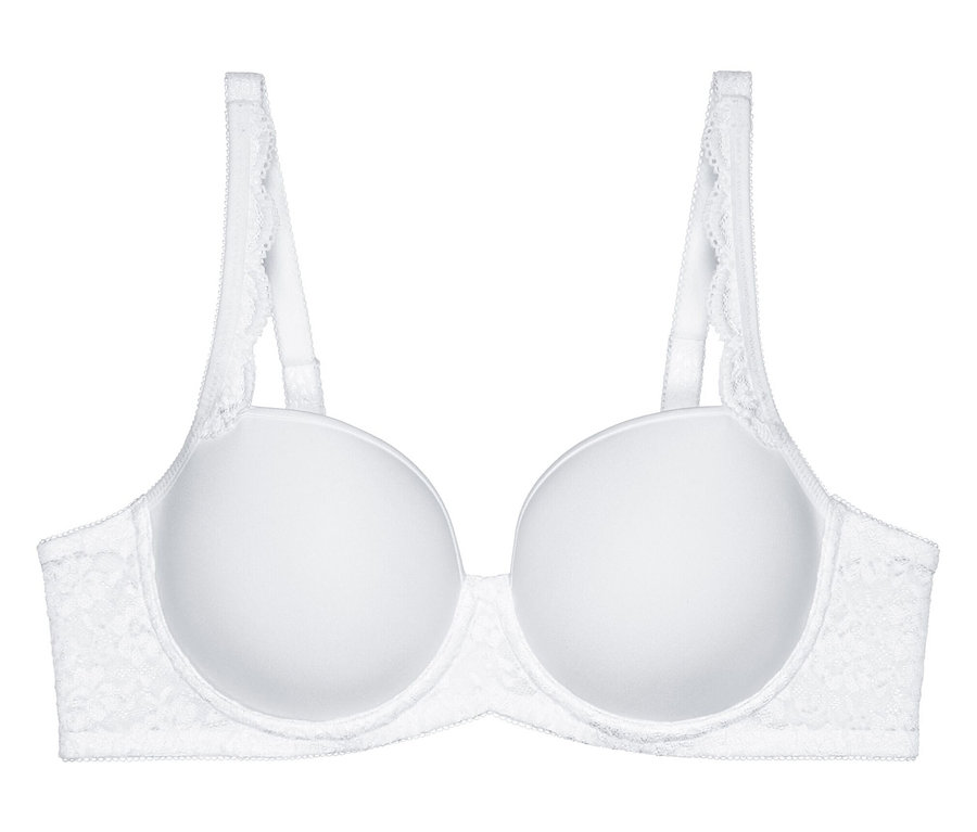 Biały biustonosz Triumph Amourette WP z gładkimi, usztywnianymi miseczkami i koronkowymi detalami po bokach i na ramiączkach.