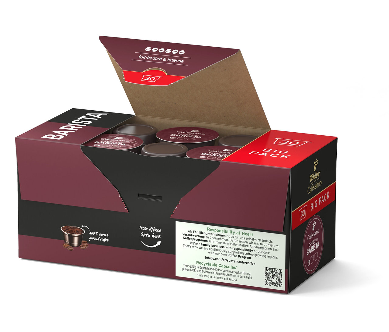 Otwarte, brązowe opakowanie z kapsułkami kawy. Na opakowaniu widnieje napis „BARISTA” i „30 BIG PACK”.