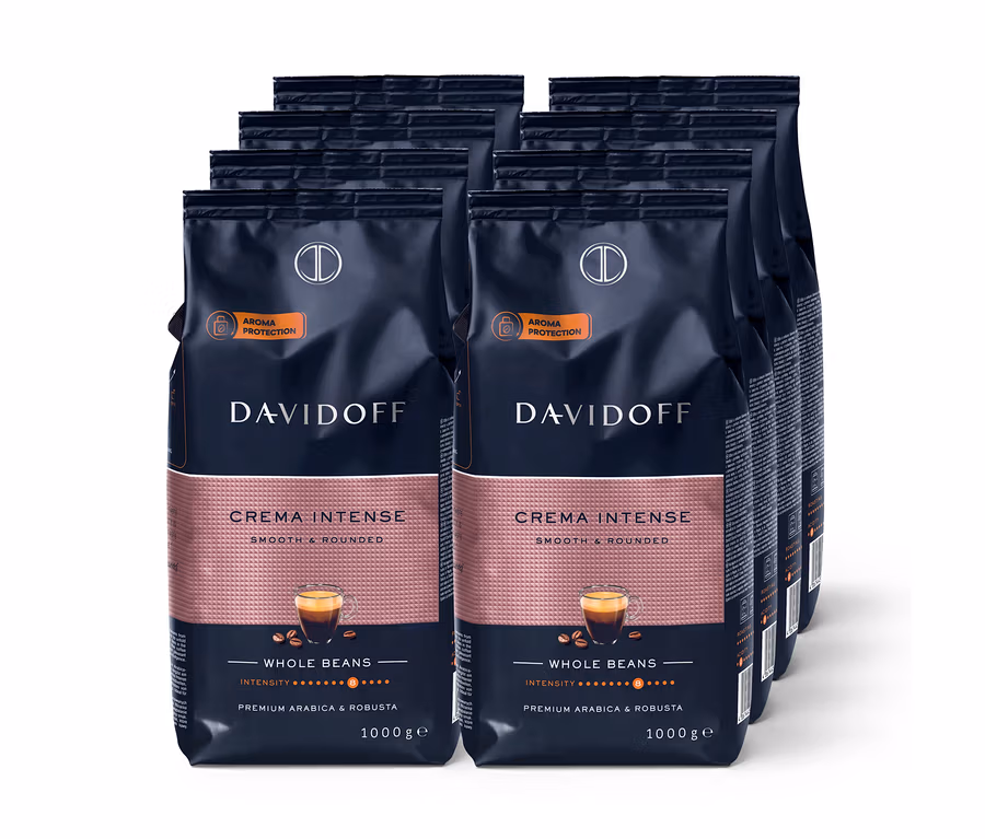 Osiem paczek kawy ziarnistej DAVIDOFF CAFÉ Crema Intense.