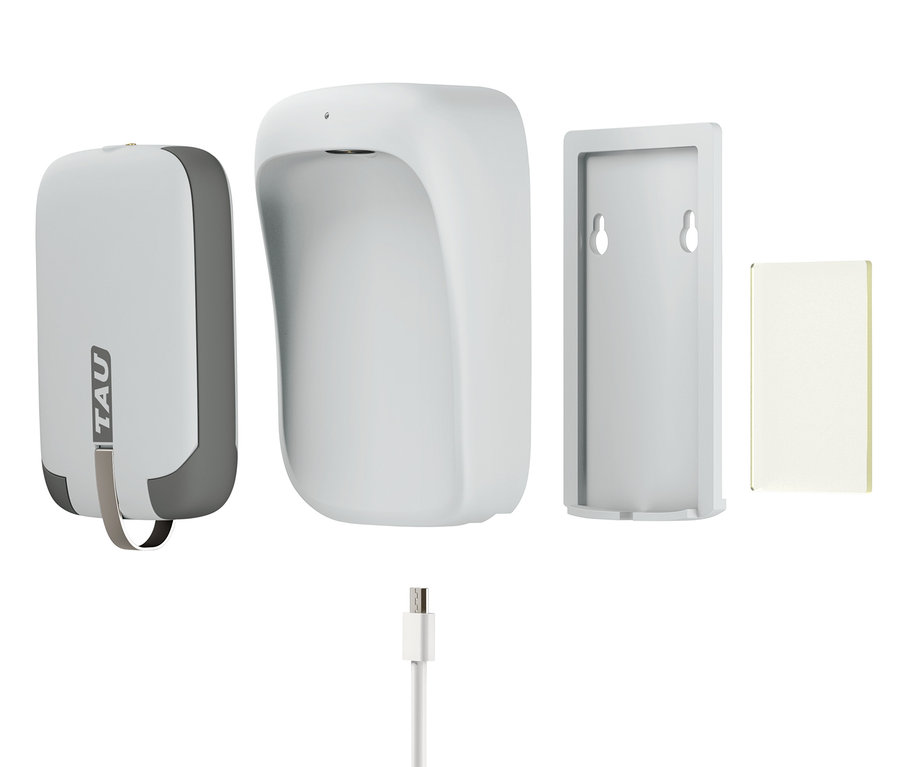 Biały powerbank TAU® 3-in-1-Keychain i akcesoria na białym tle.