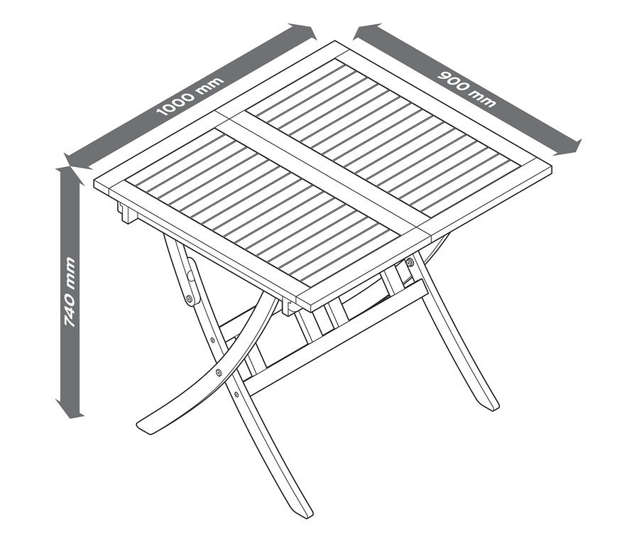 Ilustracja rozsuwanego, składanego stołu o wymiarach 1000 mm x 900 mm i wysokości 740 mm.
