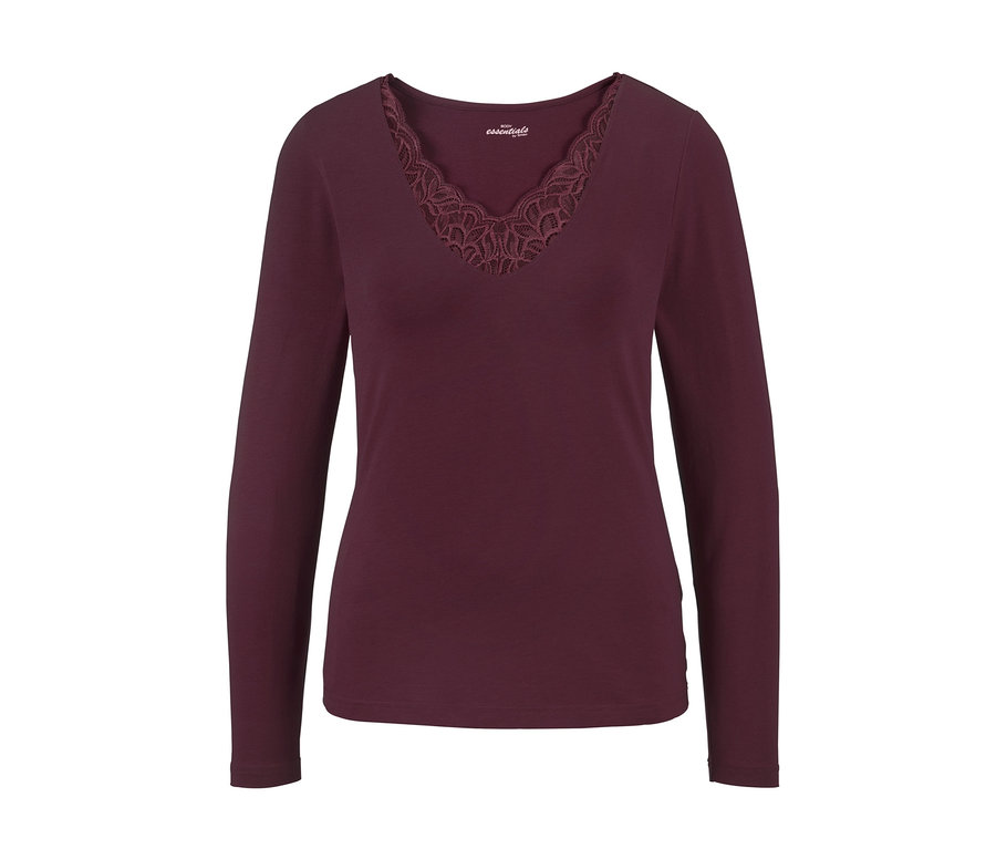 Bordowa piżama z długim rękawem i koronkowym dekoltem.