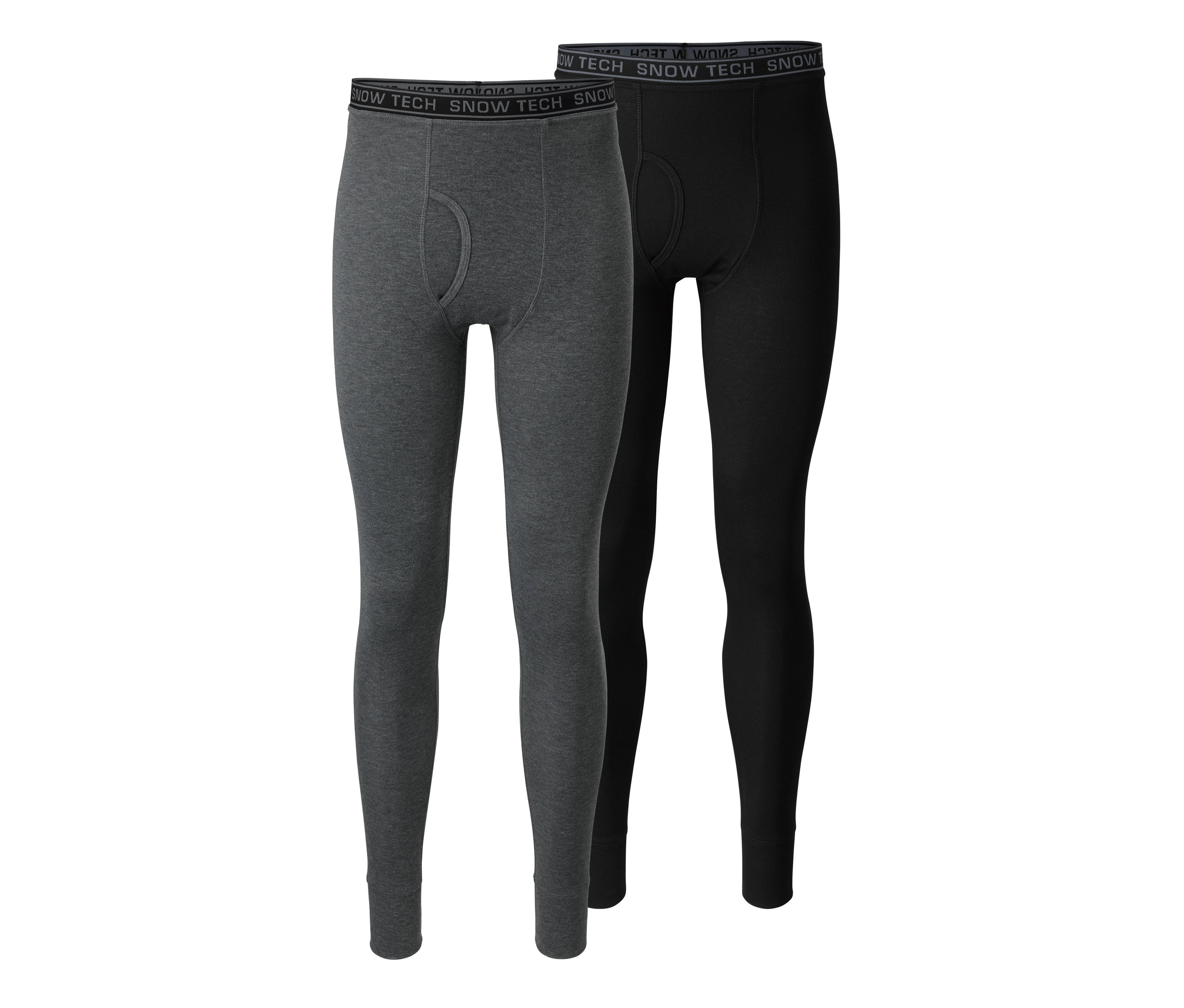 Dwie pary ciepłochronnych kalesonów funkcyjnych: jedna szara i jedna czarna.