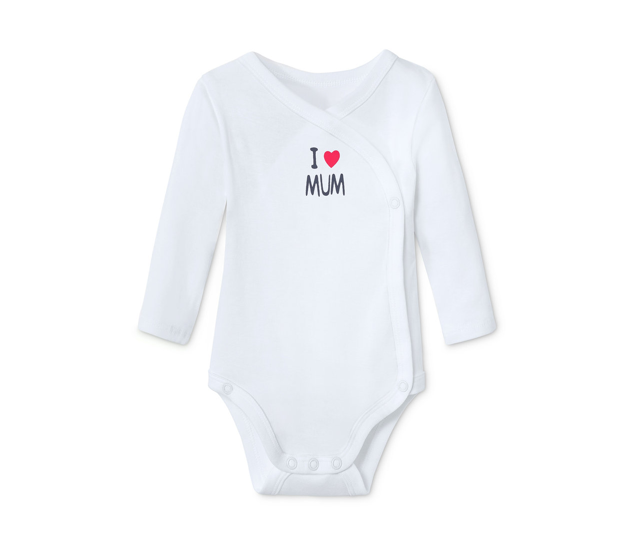 Białe body z długim rękawem z napisem „I ❤️ MUM”.