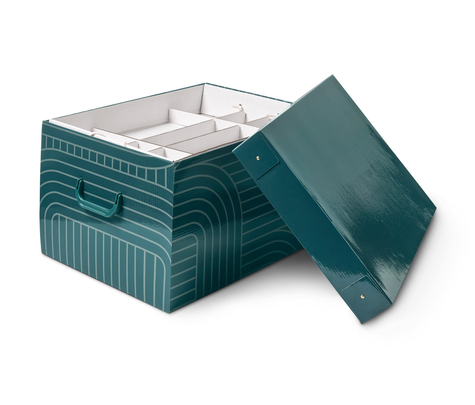 Otwarte pudełko na ozdoby bożonarodzeniowe z pokrywką i przegródkami w środku.