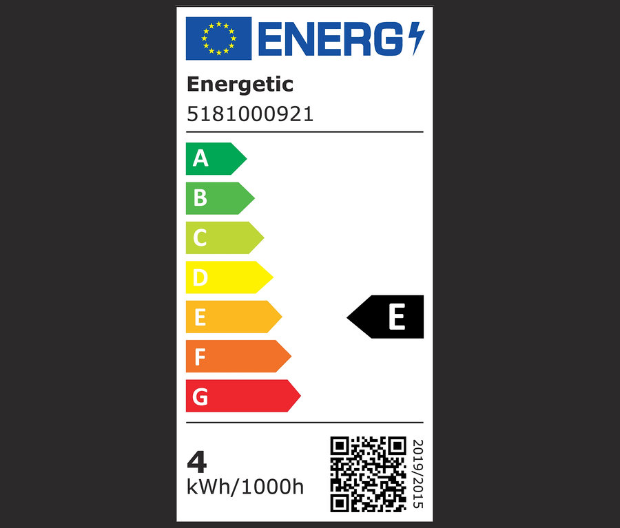 Etykieta energetyczna klasy E ze zużyciem 4 kWh/1000h.