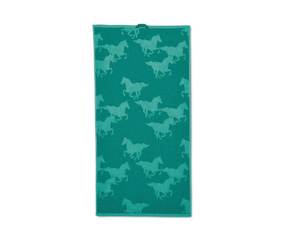 Zielony zestaw ręczników z motywem koni.