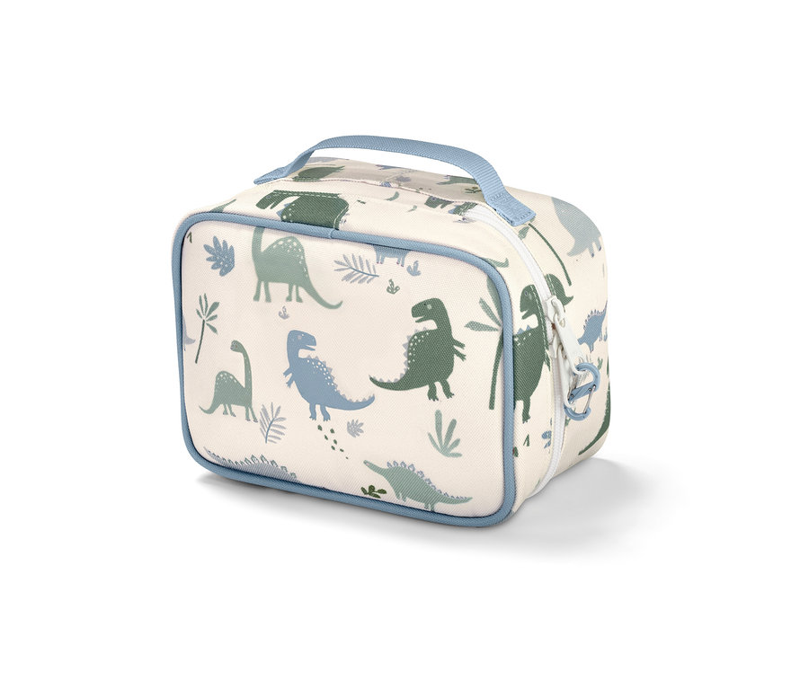 Kwadratowa torba na lekarstwa z niebieską obwódką i wzorem dinozaurów na białym tle.