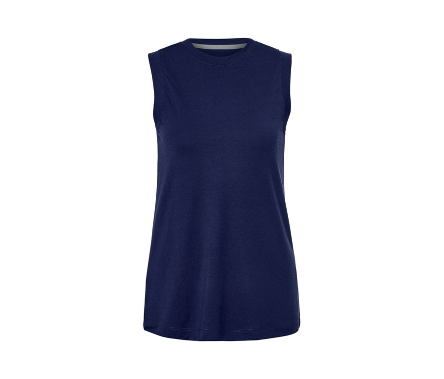 Granatowy top sportowy bez rękawów.