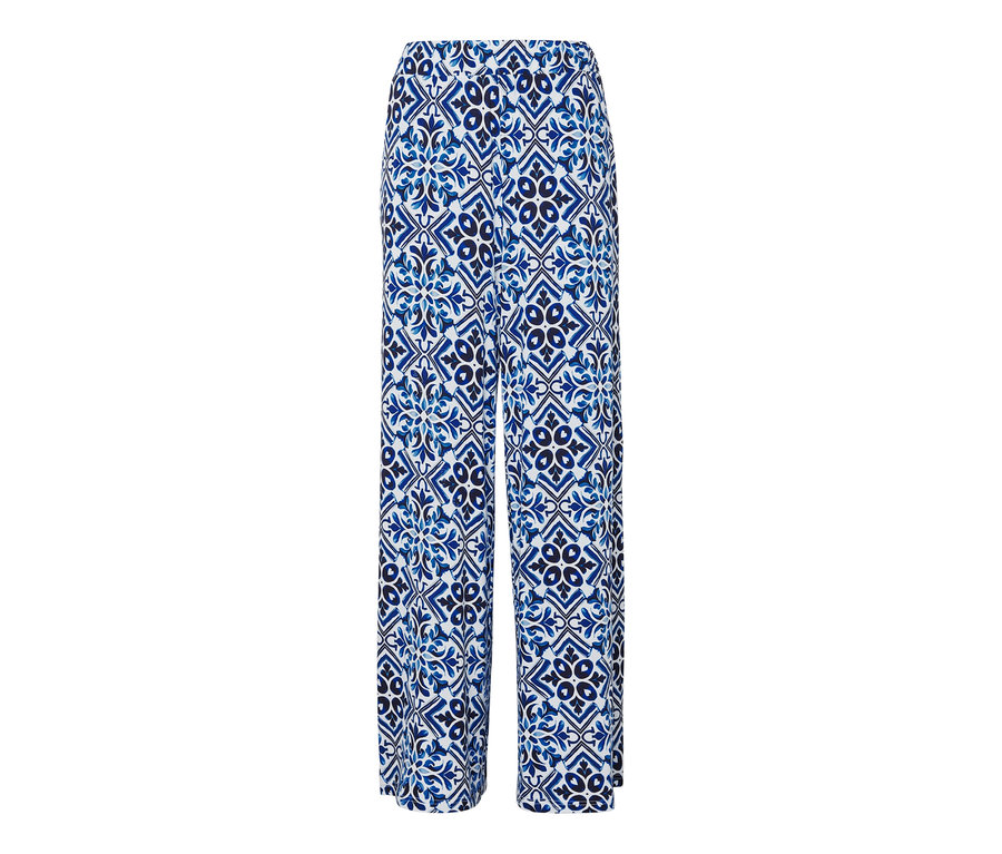 Granatowe wzorzyste spodnie palazzo.