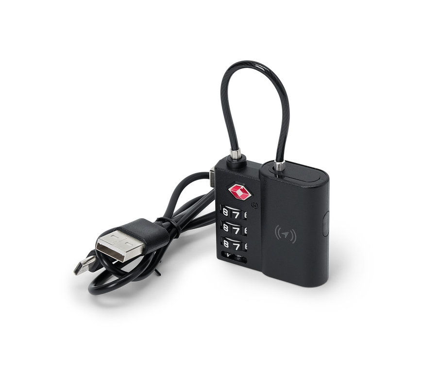 Czarna inteligentna kłódka TSA z trackerem i kablem USB.